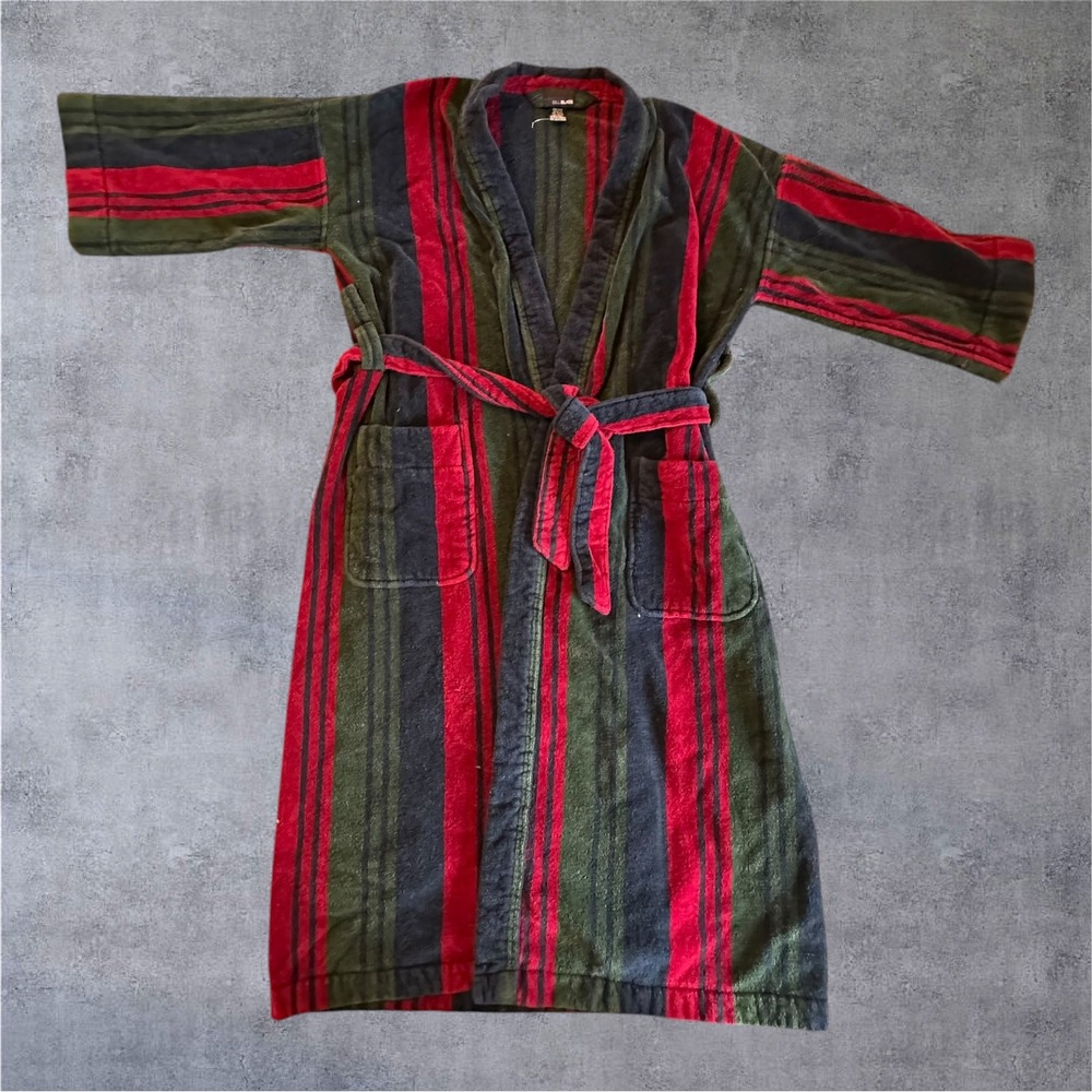 Bill Blass Robe Mens 100% Cotton Multicolor Striped Terry Cloth Tie Waist